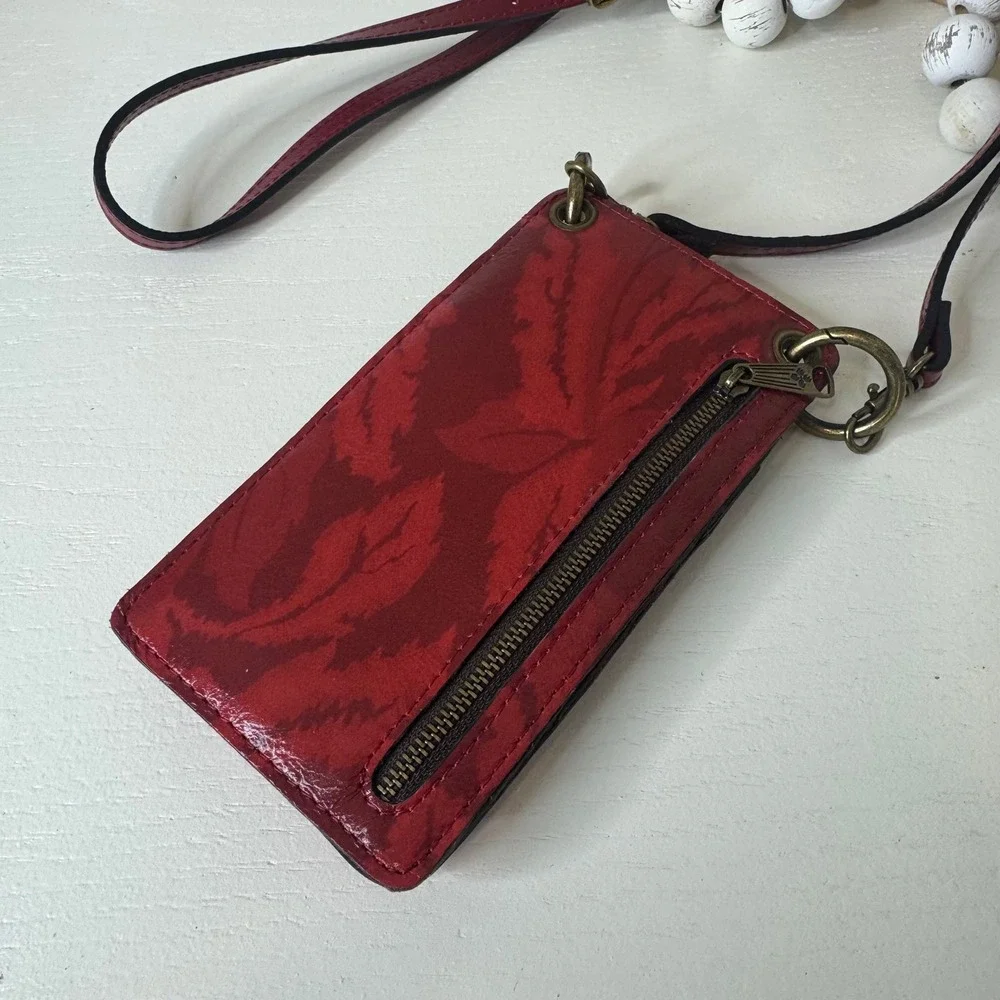 Patricia Nash Red Leather Floral Leaf Crossbody Phone Wallet Bag Antique Brass